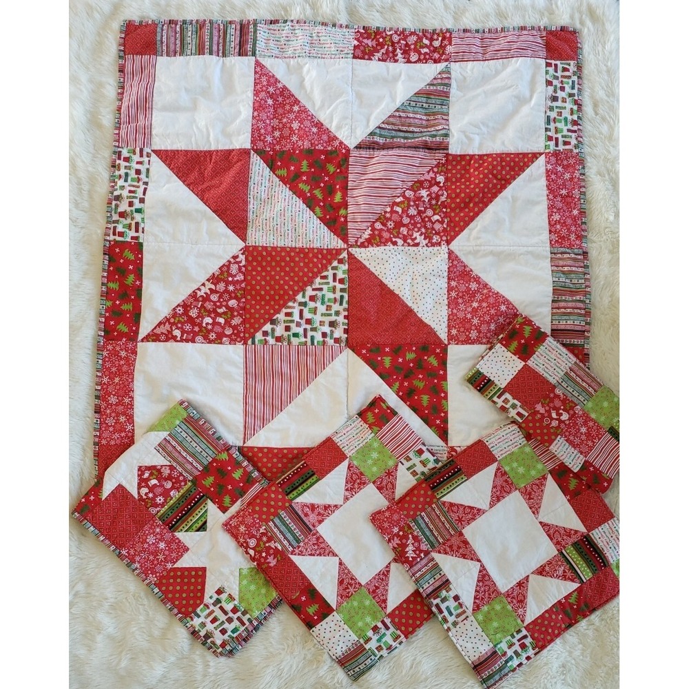 Quilt Handmade CHRISTMAS Lap Wall Hanging 2 Pillow Covers & 2 Runners 5 piece